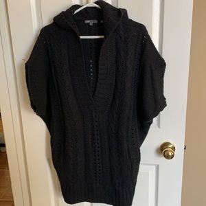 Vince hooded black vneck cable knit alpaca & merino wool sweater size L